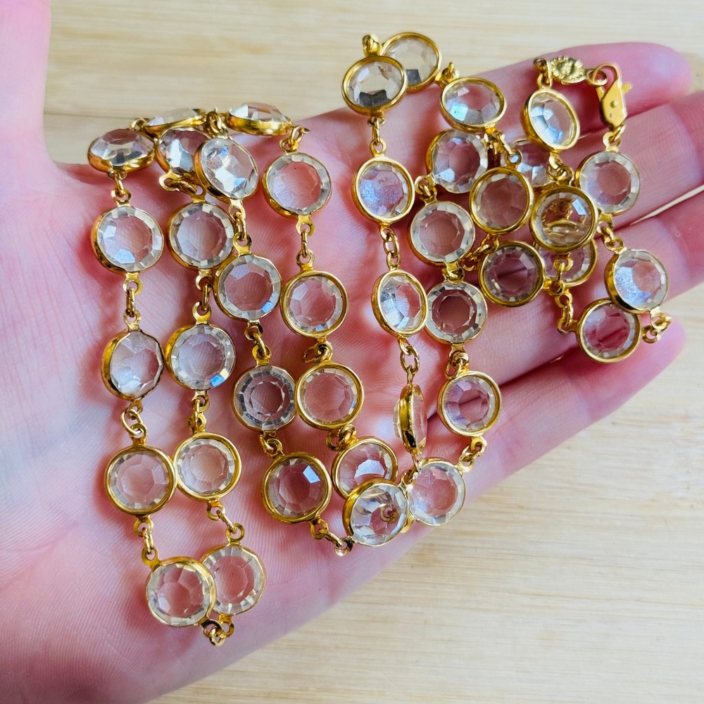 VTG Open Bezel Austrian Clear Crystal Necklace Gold Plated Regal 12mm Strand 35" - Picture 5 of 7